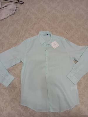 Men's turquoise linen shirt, 70% linen 30% cotton, size L