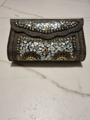 Mother of pearl metal clutch bag, antique style, mosaic decoration