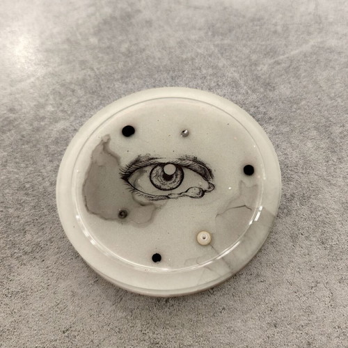 Artsy coaster with eye design and real ink illustration, like new