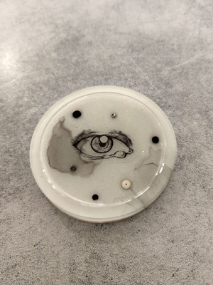 Artsy coaster with eye design and real ink illustration, like new