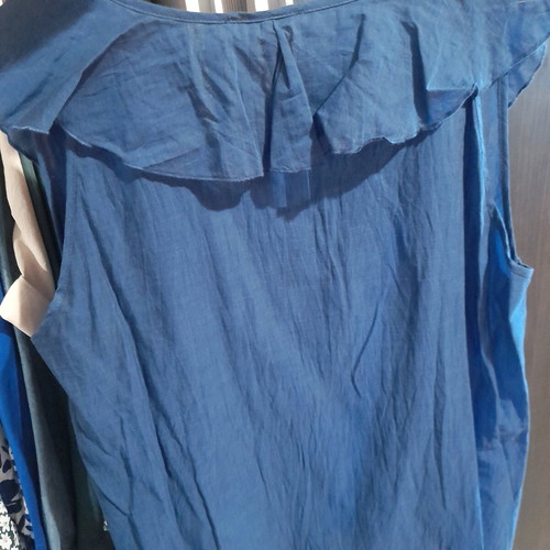 Sisley blouse L new, blue, with ruffles at neckline
