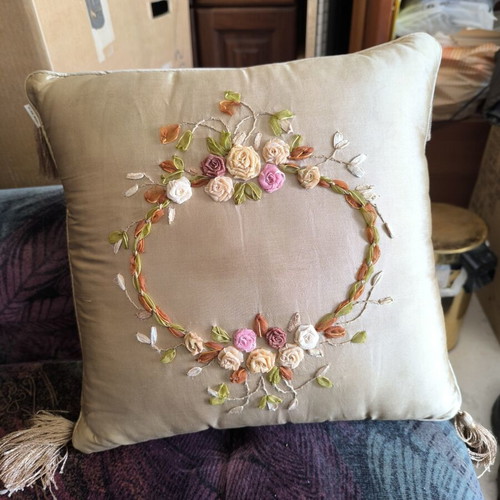 Olga Berg vintage ribbon embroidered silk pillows like new, set of 2