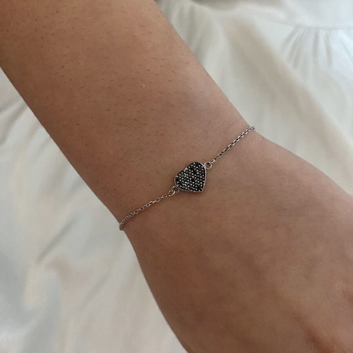 Silver bracelet 925 with heart motif and black zircon stones, new