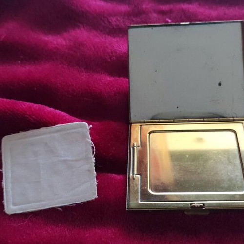 Vintage powder compact used, mother-of-pearl with original pompom
