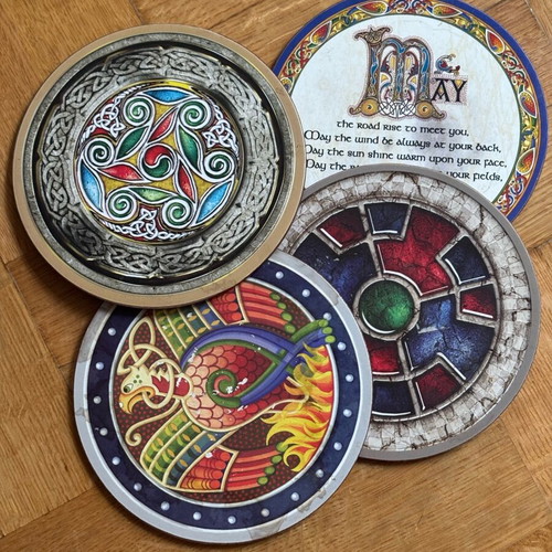Coasters with Celtic designs, new, set of 4, wood and cork