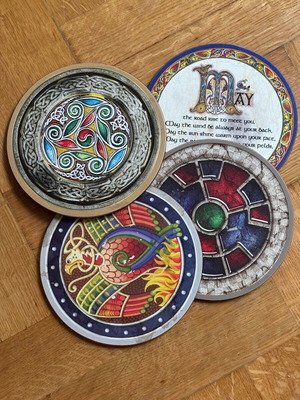 Coasters with Celtic designs, new, set of 4, wood and cork