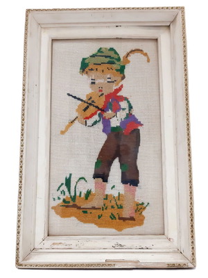 Vintage hand embroidered tapestry child with violin used, framed