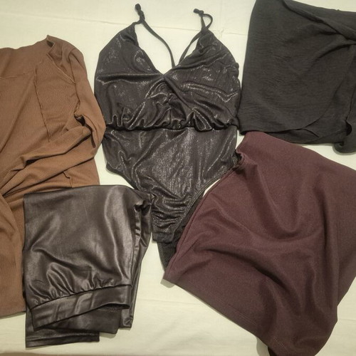 Set of 5 women's clothes, short black skirt, dark burgundy skirt, black tank top, brown long-sleeve blouse