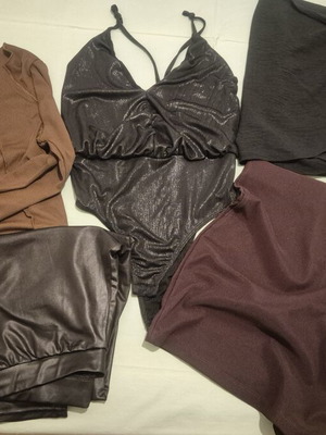 Set of 5 women's clothes, short black skirt, dark burgundy skirt, black tank top, brown long-sleeve blouse