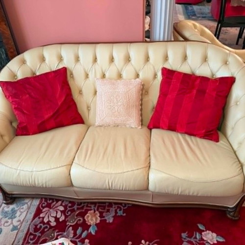 Chesterfield style living room set like new, leather with wooden frame