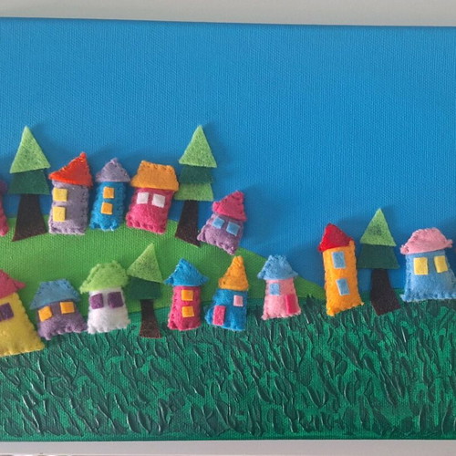 Three-dimensional painting The Village of Colors new with acrylic and felt 20x30 cm