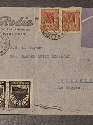 Φάκελος Rodia αεροπορικός 1939 μεταχειρισμένος από Ρόδο προς Φλωρεντία