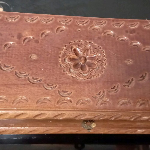 Jewelry box old wooden with carving and small mirror used