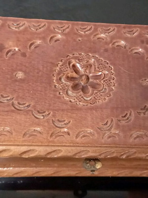 Jewelry box old wooden with carving and small mirror used