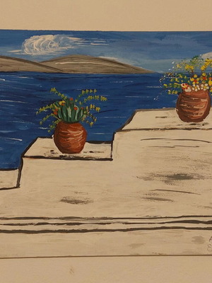 Πίνακας ζωγραφικής ελληνικό νησί καινούργιος, ζωγραφισμένος σε ξύλινο ταμπλό