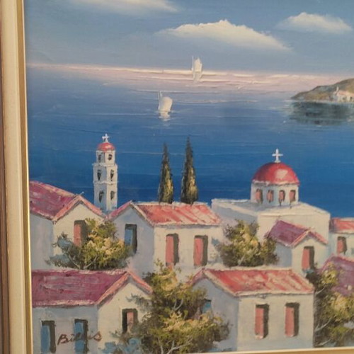 Billis oil painting like new, Greek island landscape on canvas