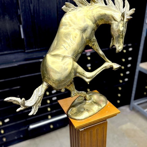 Bucephalus brass sculpture on walnut wood base used