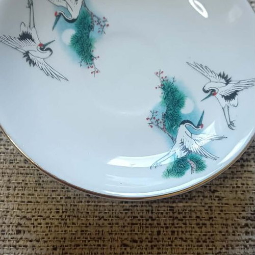 Porcelain cup set with cranes, 6 cups and 6 saucers, new