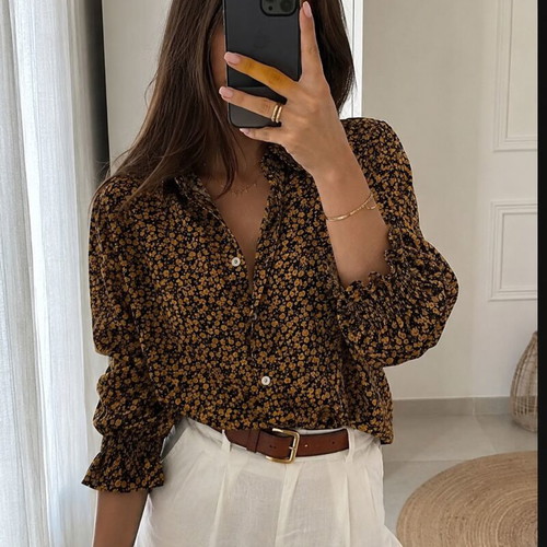 Zara floral shirt with puff sleeves, like new, black and orange