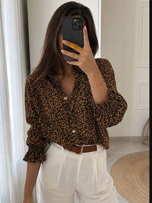 Zara floral shirt with puff sleeves, like new, black and orange