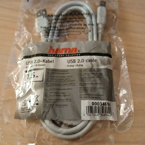 HAMA USB 2.0 cable USB-A male - USB-B male gray 1.5m new