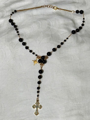 Rosary necklace choker with black beads and gold star charm