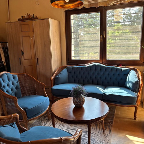 Classic handmade living room set like new with sofa, armchairs, and wooden table