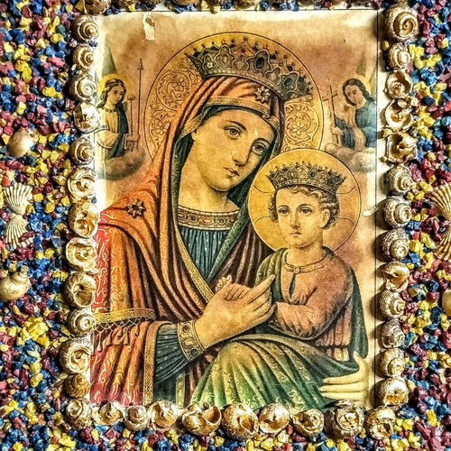 Old Icon of Panagia used, shell and stone frame