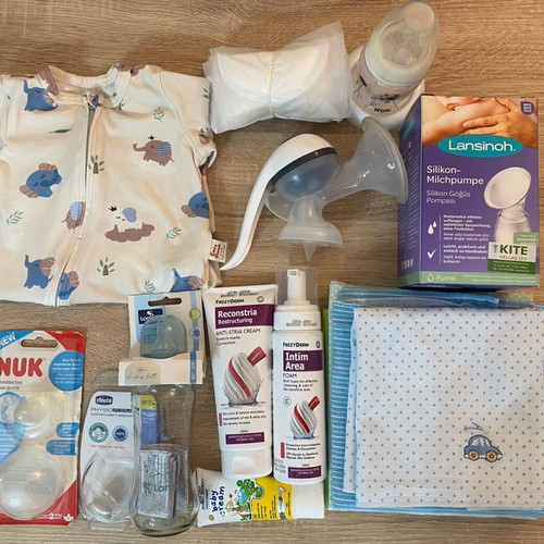 Newborn baby starter pack with NUK breast pump and Chicco bottles