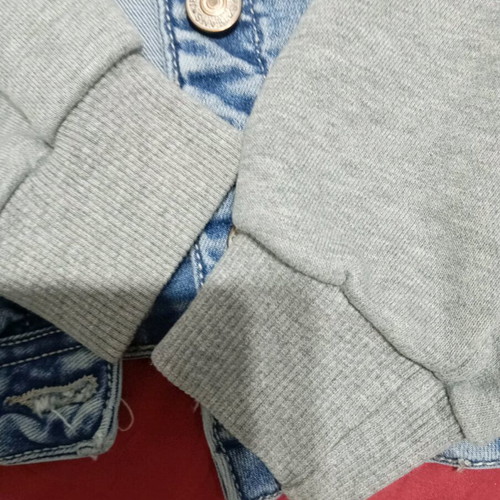 Denim jacket used with fabric sleeves and hood, size S