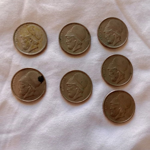Collectible coins 7 used 20 drachma coins with Pericles