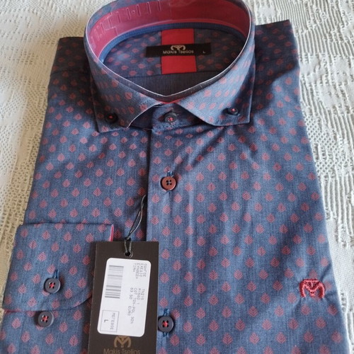 Makis Tselios men's dress shirt, blue with burgundy pattern, long sleeve