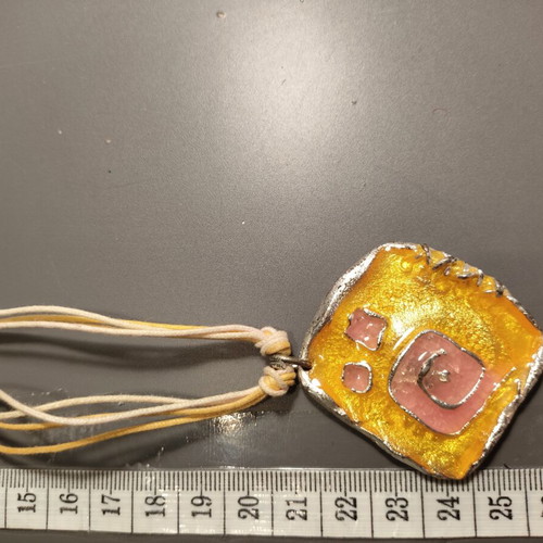 Handmade jewelry set with yellow and pink enamel pendant and earrings
