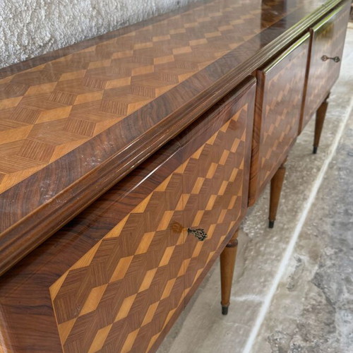 Vintage wooden buffet with marquetry used, 252 cm