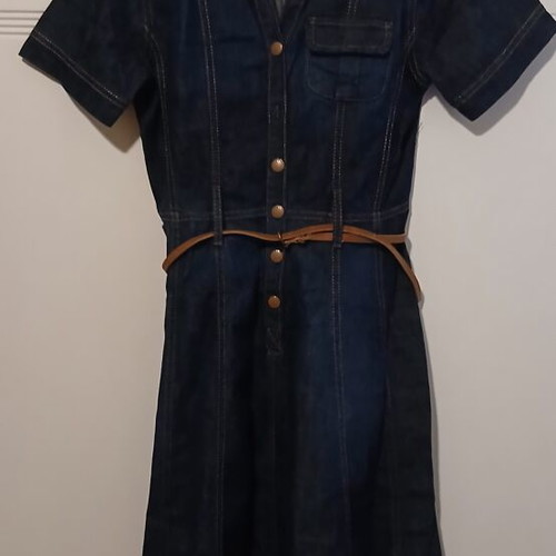 Denim dress ALE elastic midi with brown leather belt size S like new