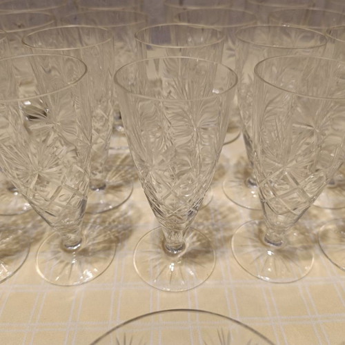Mid-century crystal champagne glasses used, set of 10