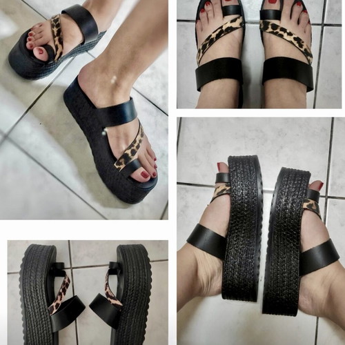 Genuine Leather Handmade Platform Flatform Sandals Black Leopard, Like New