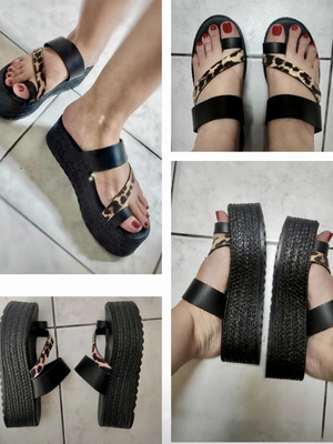 Genuine Leather Handmade Platform Flatform Sandals Black Leopard, Like New