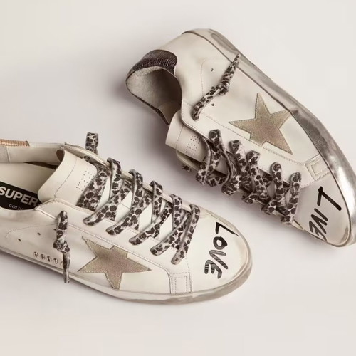 Women's shoes with leopard print laces and star design, white, love text