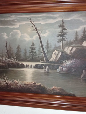 Large oil painting signed, moonlight theme, like new