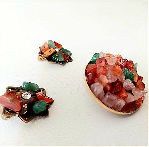 Σετ από Αληθινές Πέτρες Vintage - Καρφίτσα & Σκουλαρίκια