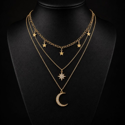 Exis Jewellery gold 3-layer necklace with stars and moon like new
