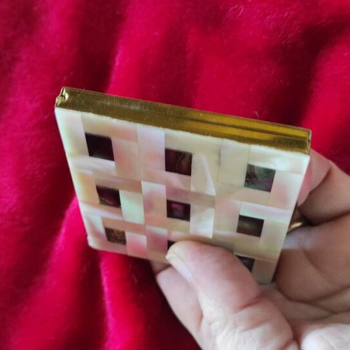 Vintage powder compact used, mother-of-pearl with original pompom
