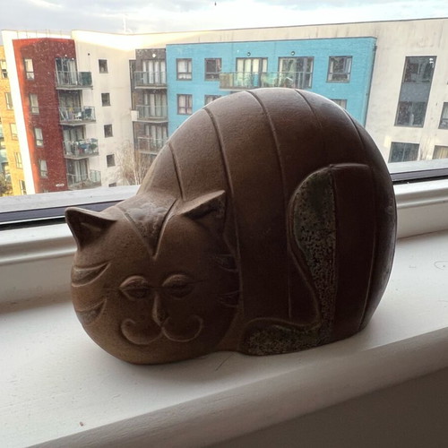Vintage ceramic cat piggy bank used, Mid-Century Modern