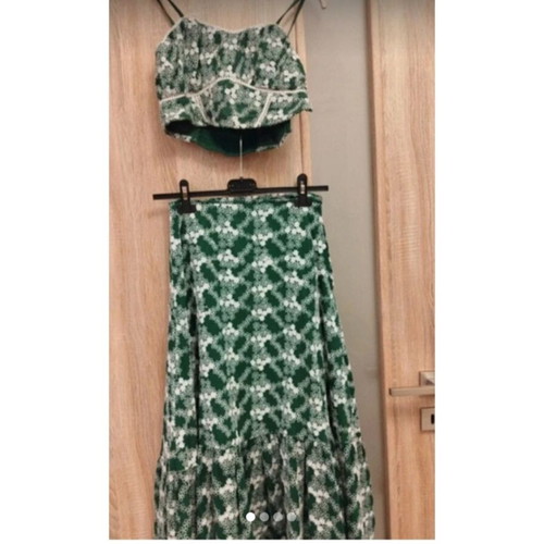 Pink Woman embroidered set with top and skirt, green and white