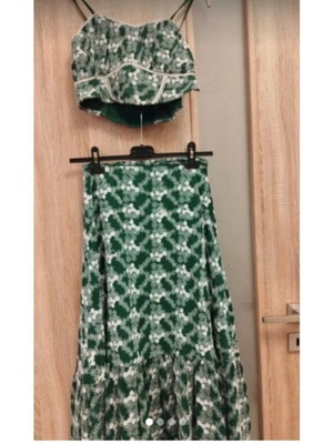 Pink Woman embroidered set with top and skirt, green and white