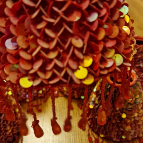 Vintage lampshades pack of 5 with red iridescent sequins and bead fringes used