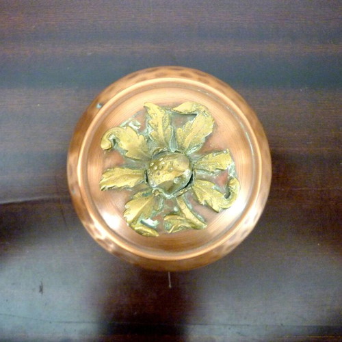 Vintage hammered bronze and copper fondue pot used