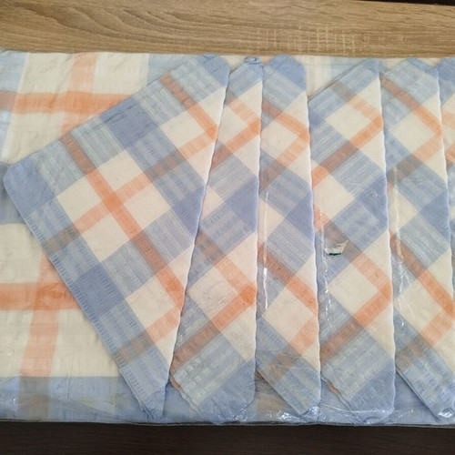 Tablecloth with 6 napkins new, bright white blue and orange colors
