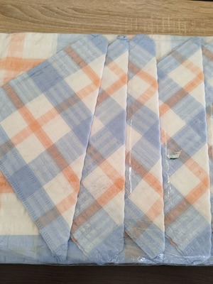 Tablecloth with 6 napkins new, bright white blue and orange colors